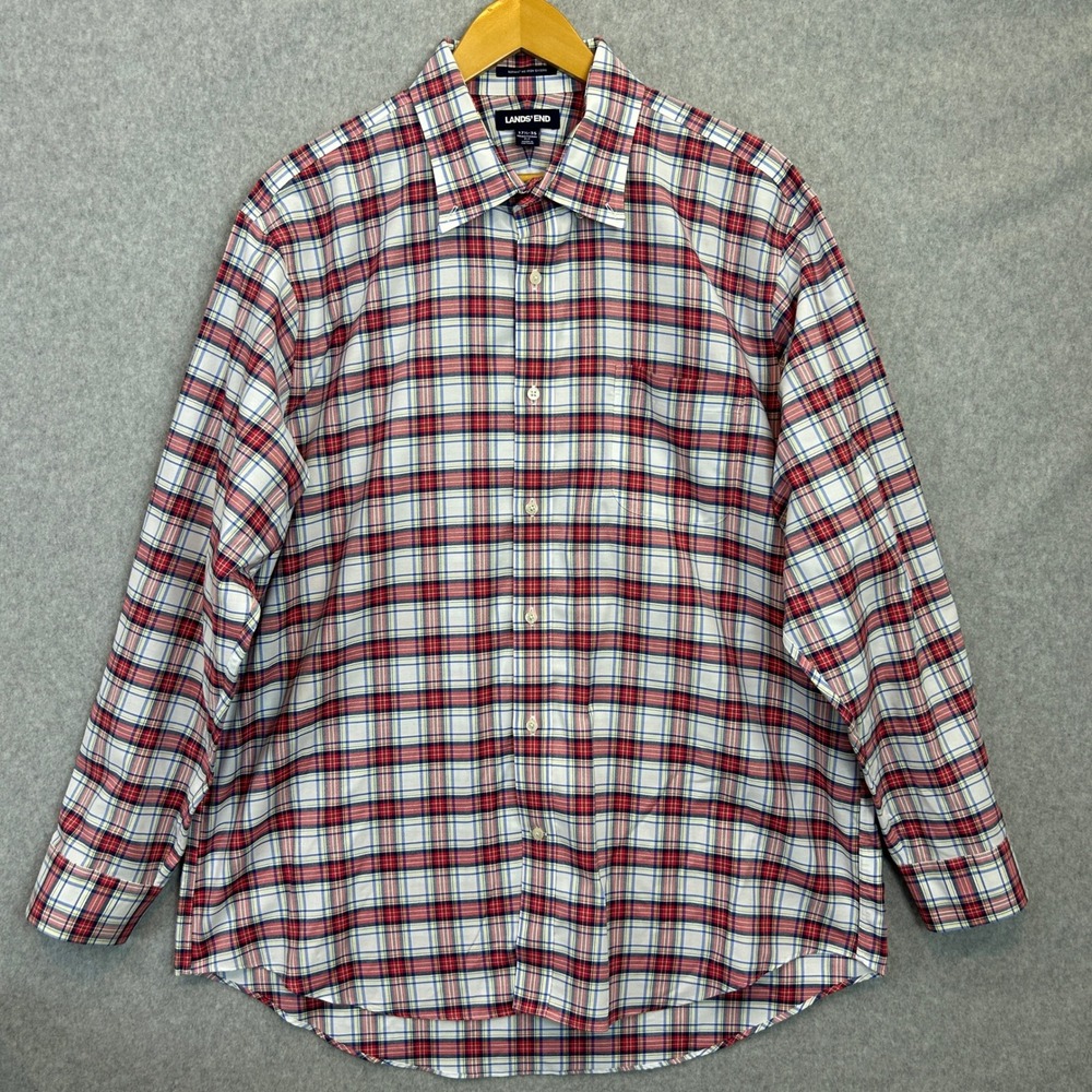 Lands End Preppy Button Down LS Shirt Red Blue Plaid Supima Cotton Mens 17.5-35
